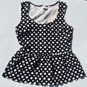 Chic Black and White Patterned Peplum Blouse